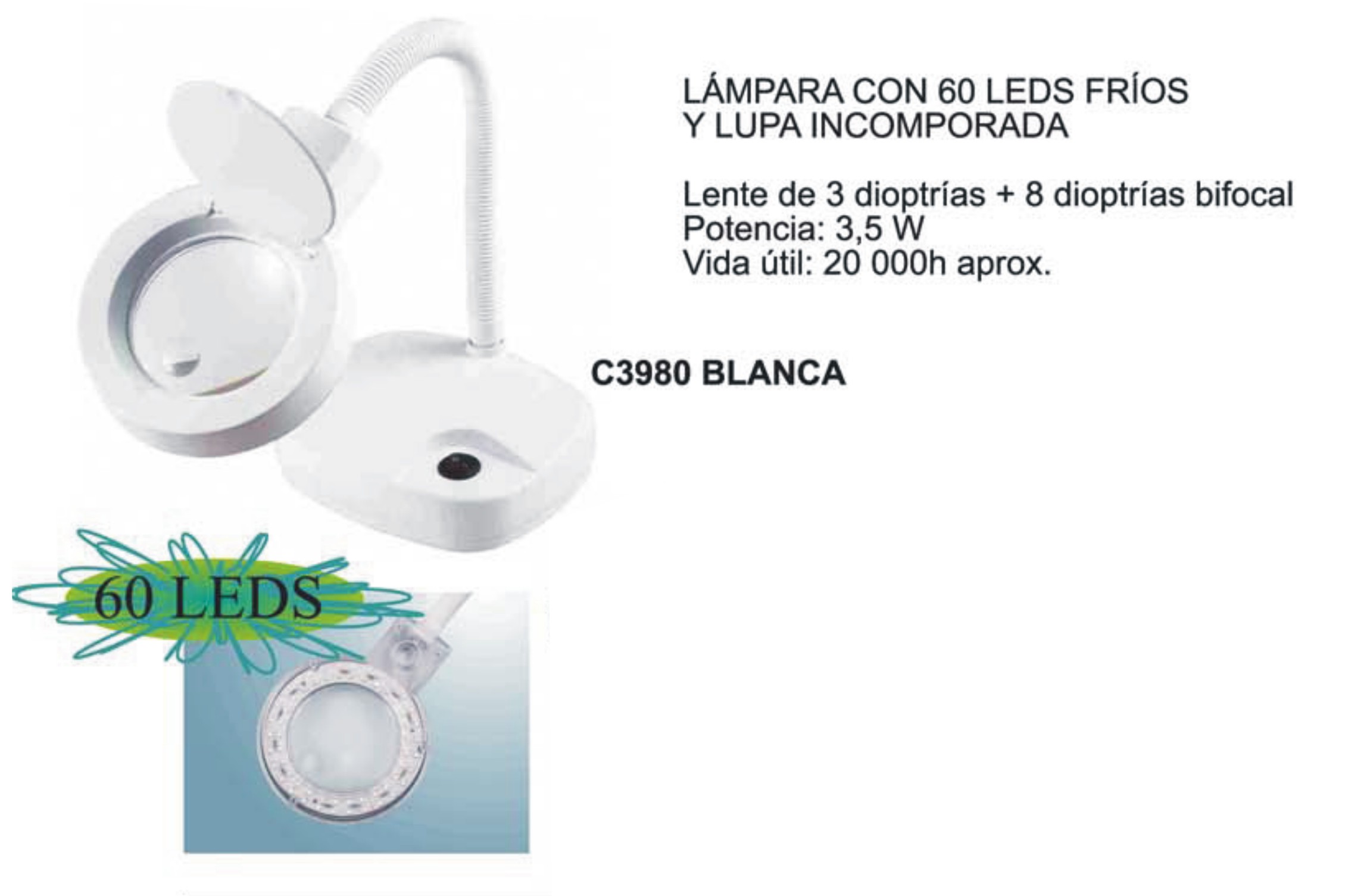 LAMPARA 60 LEDS + LUPA - COLOR BLANCO